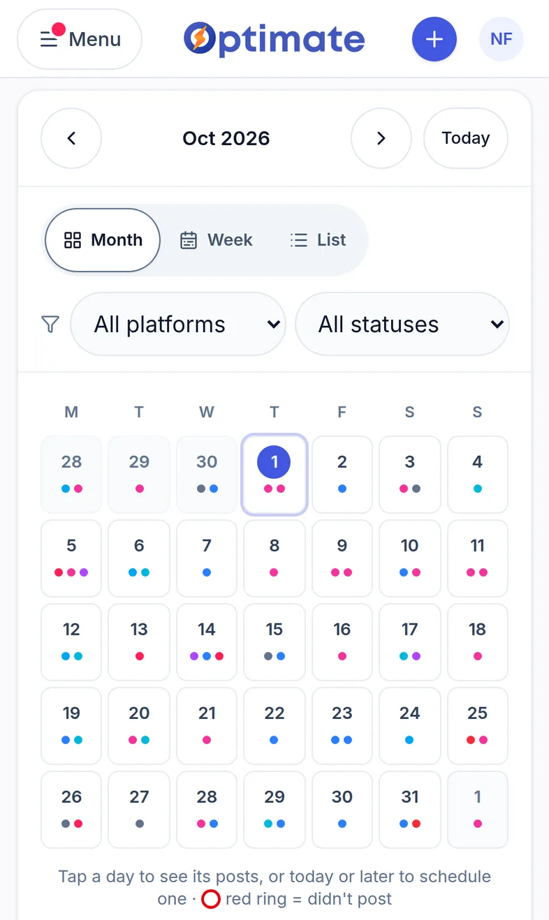 Optimate's planner on a phone for a demo café: October with one to three posts on most days, a coloured dot for each platform.